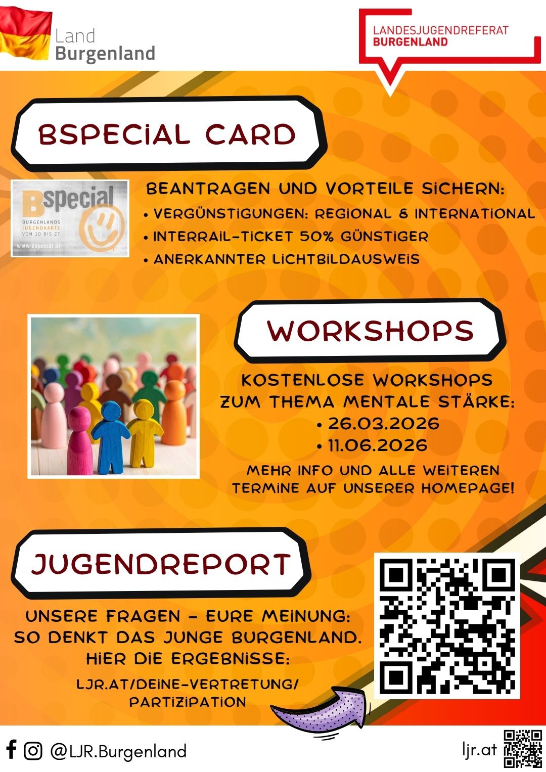 Plakat mit Workshops zum Thema mentale Stärke. Termine sind am 26.03.2026 und 11.06.2026. Weitere Infos auf der Homepage. QR-Code für weitere Details.