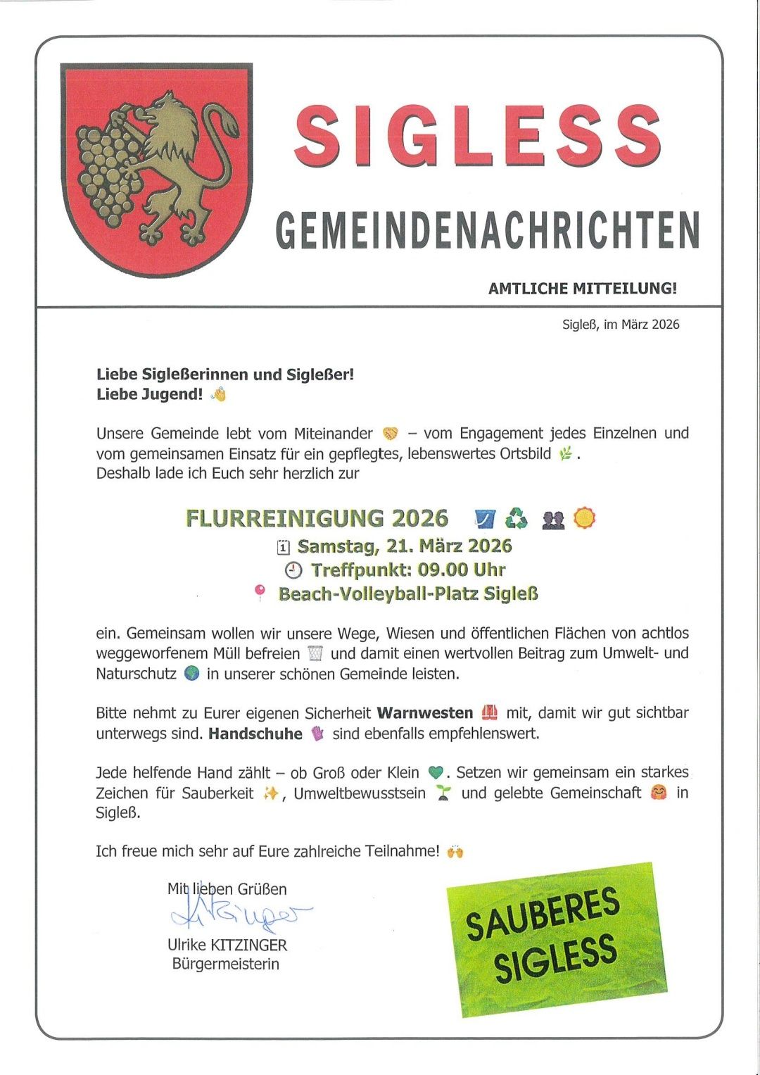 Gemeindenachrichten aus Sigle, März 2026. Einladung zur Flurreinigung am 21. März 2026 am Beach-Volleyball-Platz. Betont werden Sicherheit, Gemeinschaftsgeist und Umweltbewusstsein.