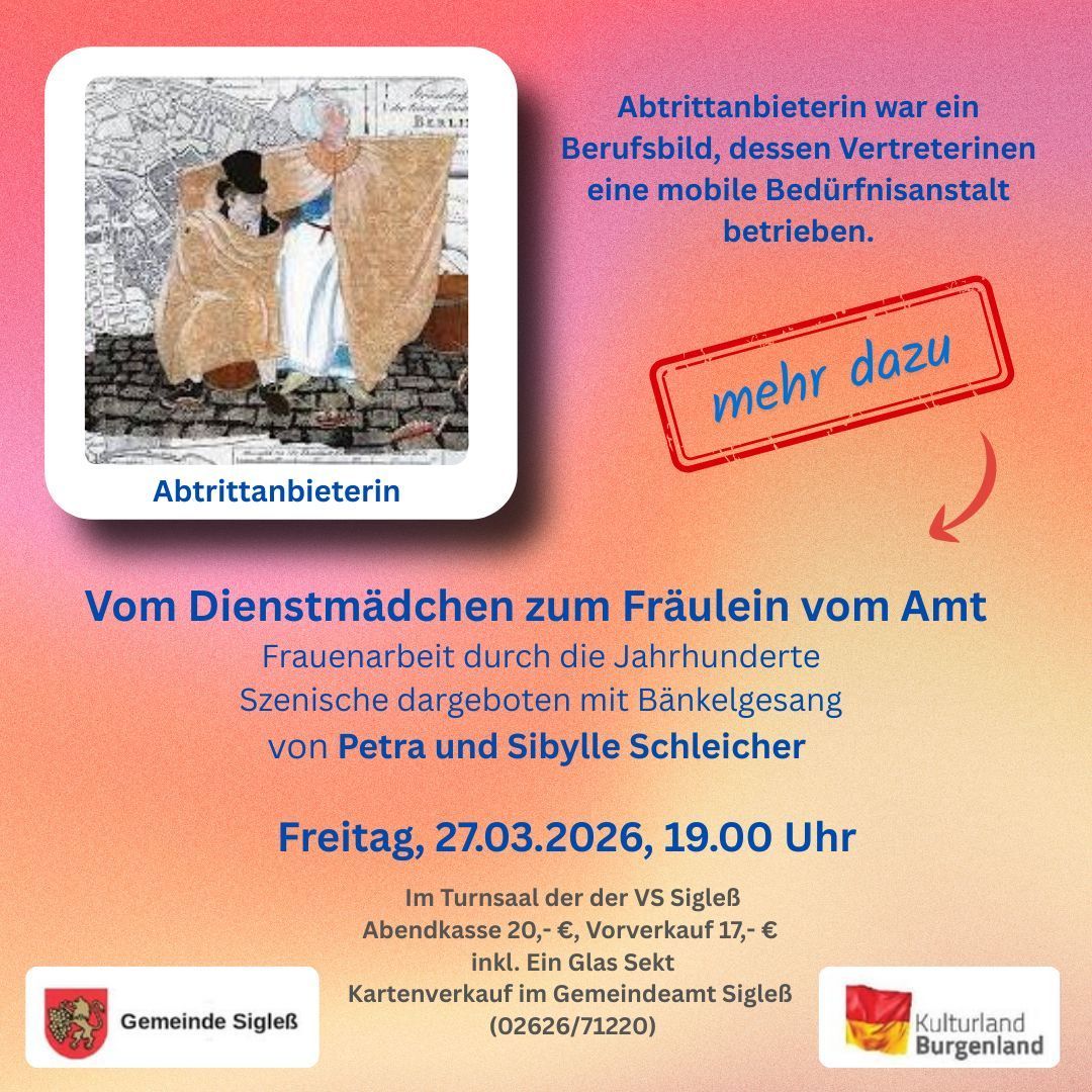 Ein Veranstaltungsposter mit einem Bild zweier historischer Figuren. Der Text lautet 'Vom Dienstmädchen zur Frau vom Amt. Frauenarbeit durch die Jahrhunderte'. Geplant für Freitag, 27.03.2026 um 19:00 Uhr.