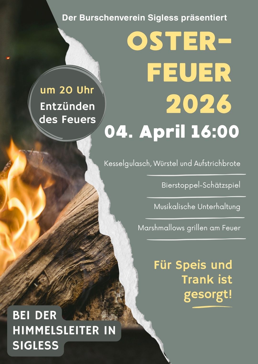Eine Werbung für ein Feuer-Event am 4. April 2026 um 16:00 Uhr. Es zeigt ein Lagerfeuer mit Versprechen auf Essen und Getränke. Aktivitäten umfassen ein Bierpong-Spiel, Musik und Marshmallow-Rösten.