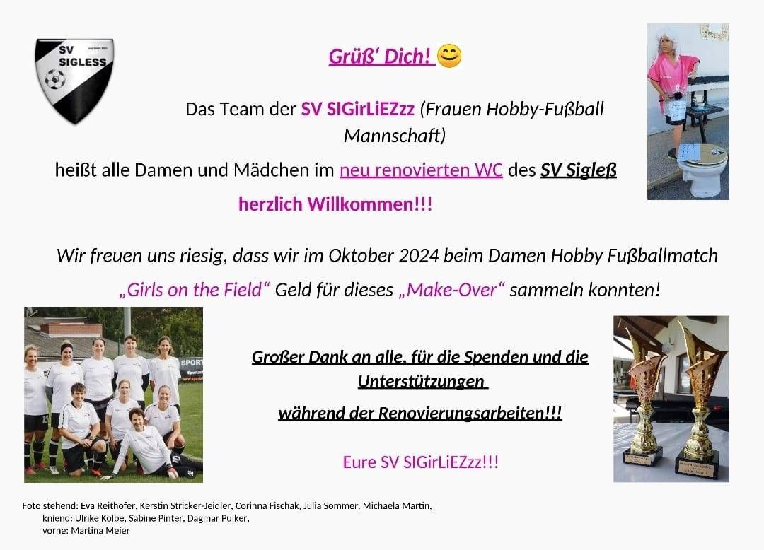 Postkarte mit einem lächelnden Gesicht und dem Text 'Gruß Dich!' gefolgt von einer Einladung, dem SV SiGirlEzz Fußballteam beizutreten. Es erwähnt ein herzliches Willkommen für Damen und Mädchen im neu renovierten WC des SV Sigelß. Es endet mit einem Aufruf zur Spendensammlung für ein Makeover im Oktober 2024.