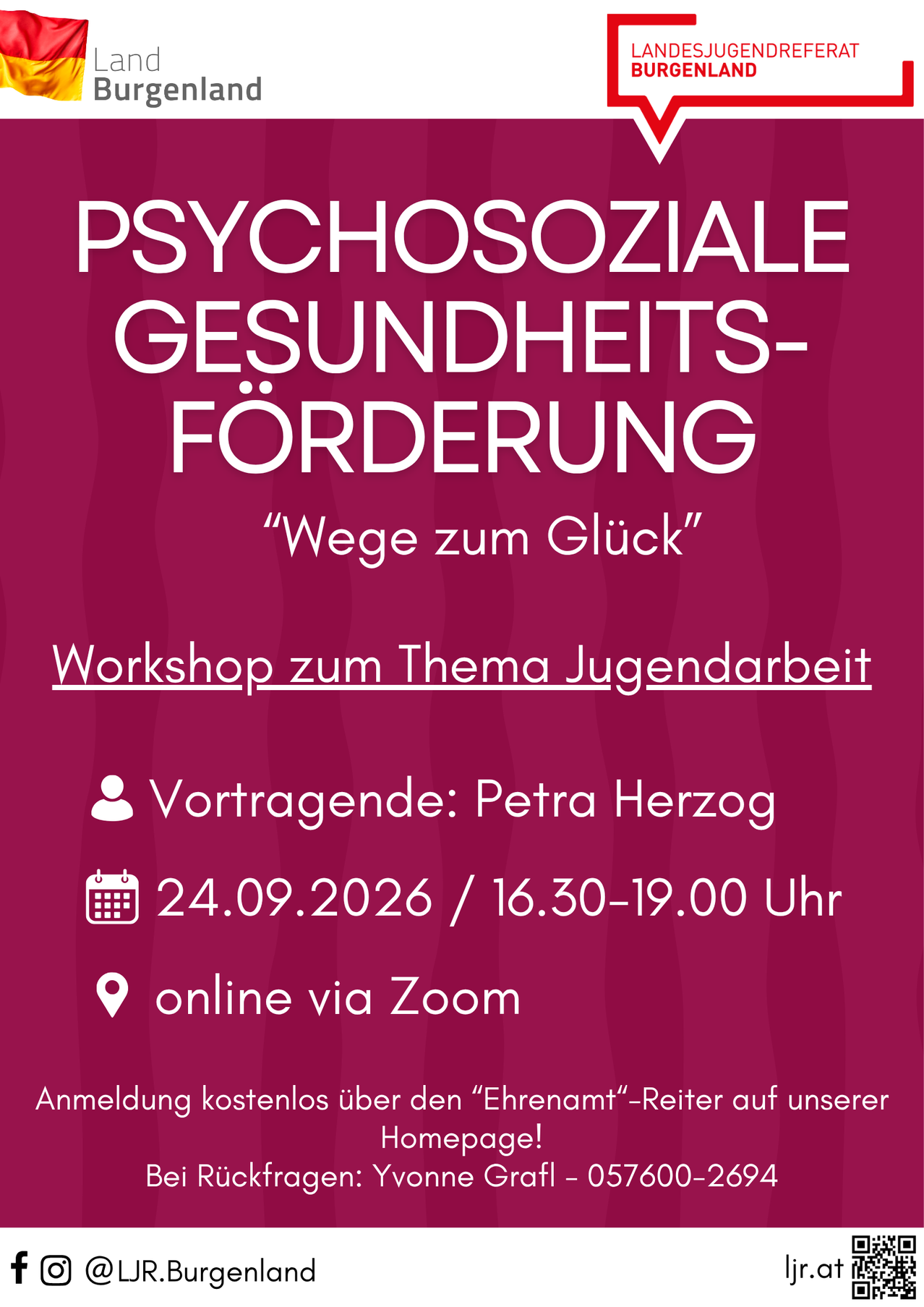 Ein Workshop-Poster für 'Psychosoziale Gesundheits-Förderung' zum Thema Jugendarbeit, mit rotem Hintergrund, weissem Text und Angaben zum Veranstaltungsdatum, Referent und Online-Plattform.