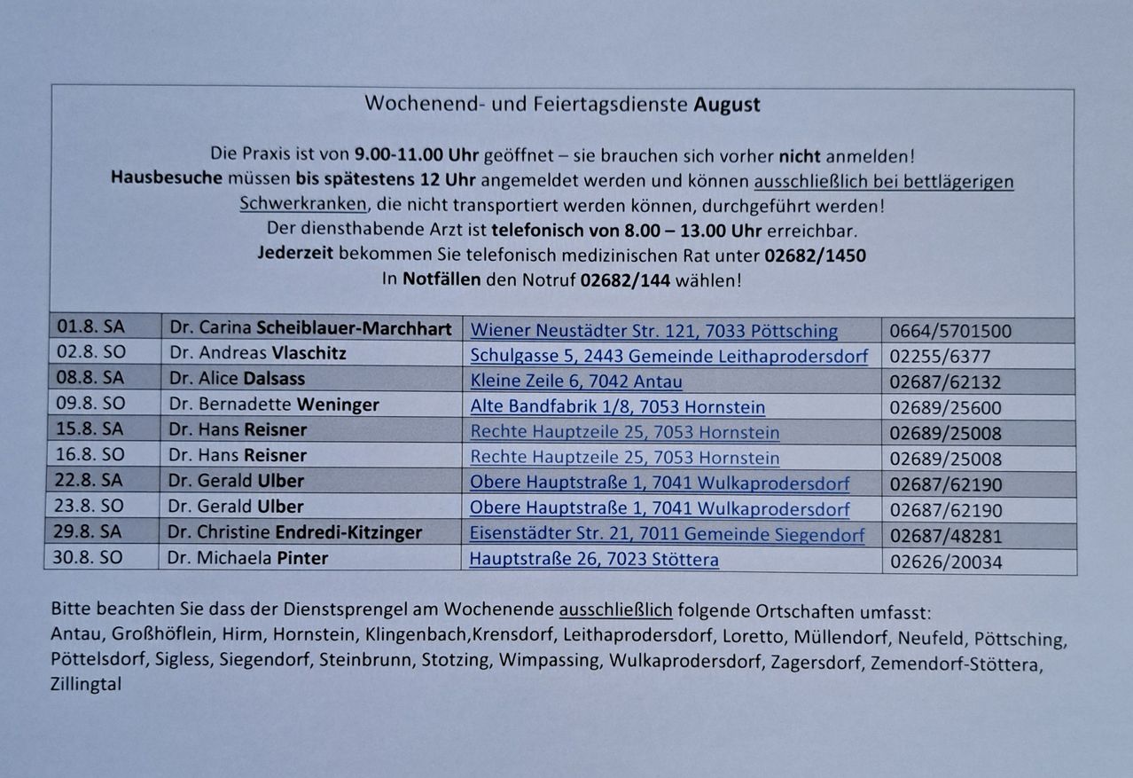 Ein Dokument listet Wochenend- und Feiertagsdienste für August auf, einschließlich Namen, Adressen und Telefonnummern der Ärzte. Die Praxis ist von 9:00-11:00 Uhr geöffnet, ohne vorherige Anmeldung. Termine müssen bis 12:00 Uhr vereinbart werden, und Notfalltransporte sind für nicht transportfähige Patienten verfügbar. Der diensthabende Arzt ist telefonisch von 8:00-13:00 Uhr erreichbar.