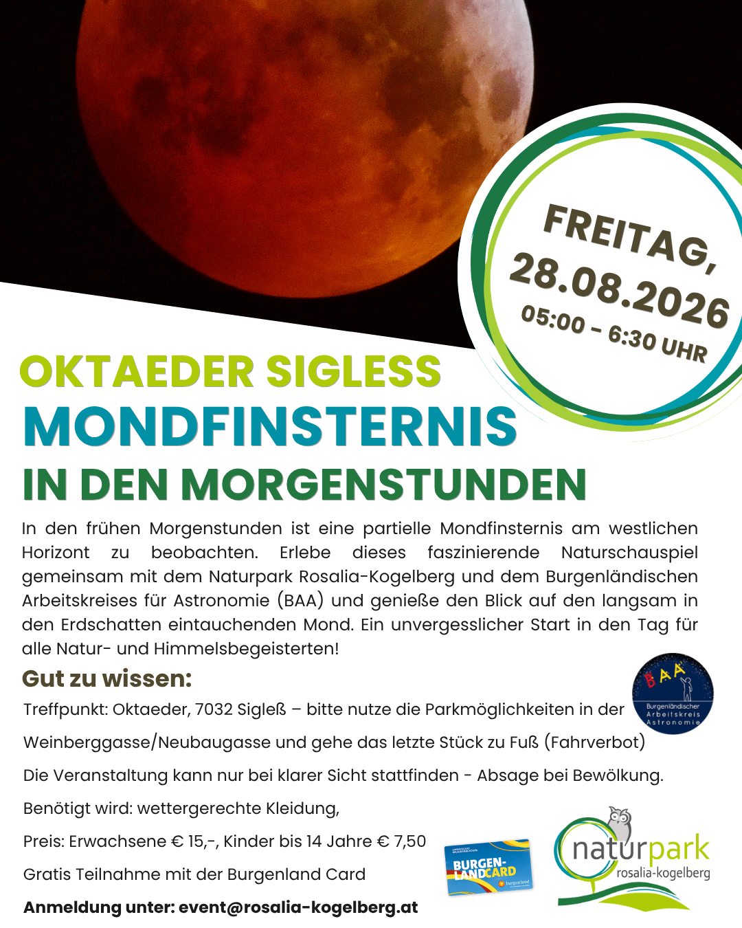 Plakat für eine Mondbeobachtungsveranstaltung bei Oktaeder Sigless. Es zeigt einen roten Mond mit Textüberlagerung. Die Veranstaltung ist für den 28. August 2026 von 5:00 Uhr bis 18:30 Uhr geplant.