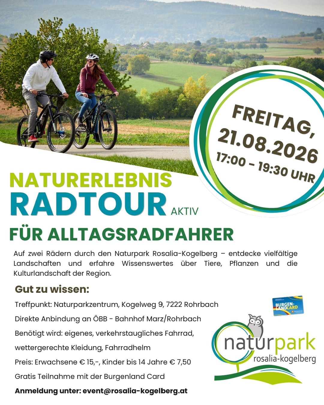 Plakat für eine Naturradtour im Rosalia-Kogelberg Naturpark, mit zwei Radfahrern auf einem malerischen Pfad umgeben von üppigem Grün und einem klaren blauen Himmel. Das Plakat enthält Details zum Veranstaltungsdatum, zur Zeit und zum Treffpunkt.