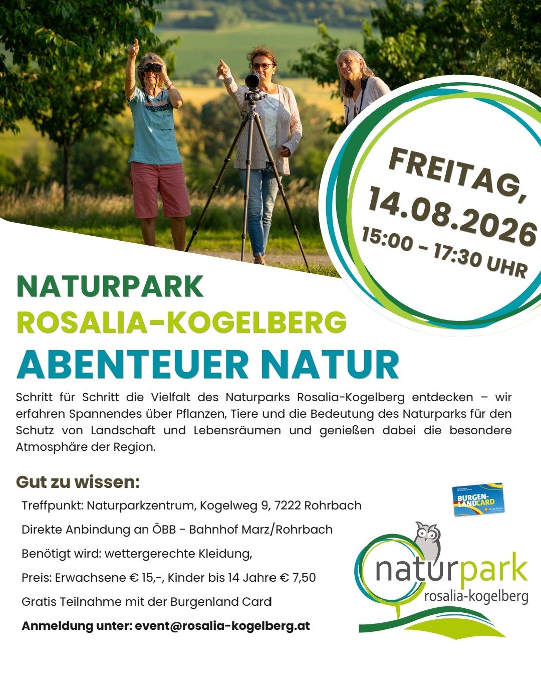 Plakat für ein Naturerlebnis-Event im Naturpark Rosalia-Kogelberg am 14. August 2026 von 15:00 bis 17:30 Uhr. Es zeigt drei Personen mit Kameras und Stativen in einer natürlichen Umgebung. Das Plakat enthält Informationen zum Treffpunkt, Eintrittspreisen und der Notwendigkeit wetterfester Kleidung.