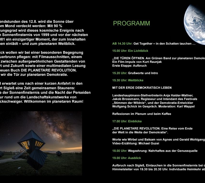 A black background with white text and a photo of a futuristic building with a pyramid-like structure. The text reads 'PROGRAMM' and includes a schedule of events.
