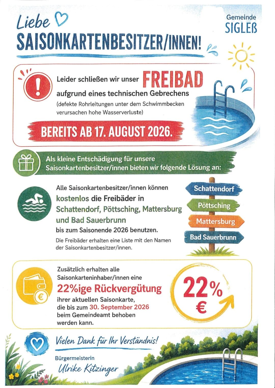 Ein Plakat informiert über die Schließung des Freibads aufgrund technischer Probleme und bietet kostenlose Nutzung anderer Schwimmbäder und eine 22%ige Rückvergütung für Saisonkarteninhaber bis zum 30. September 2026 an.