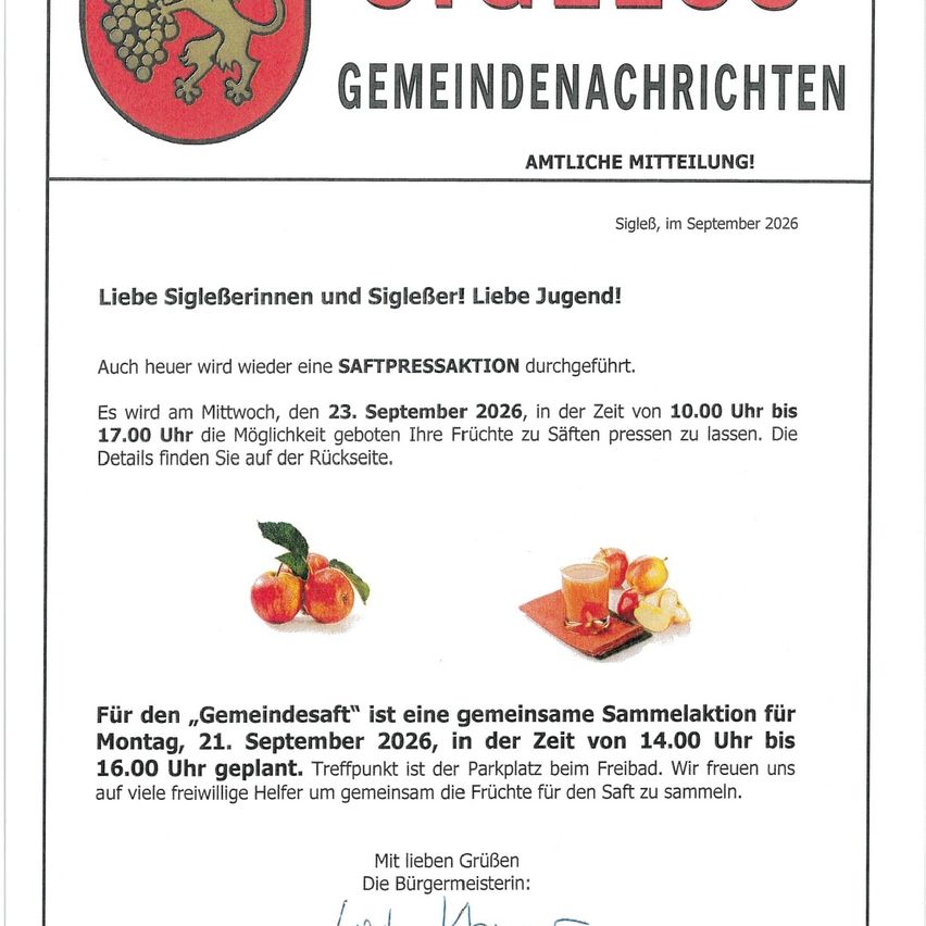Gemeindenachricht aus Sigle, September 2026, mit Ankündigung einer Saftpresseaktion am 23. September 2026 von 10:00 Uhr bis 17:00 Uhr und einer gemeinsamen Sammelaktion für Montag, 21. September 2026, von 14:00 Uhr bis 16:00 Uhr.