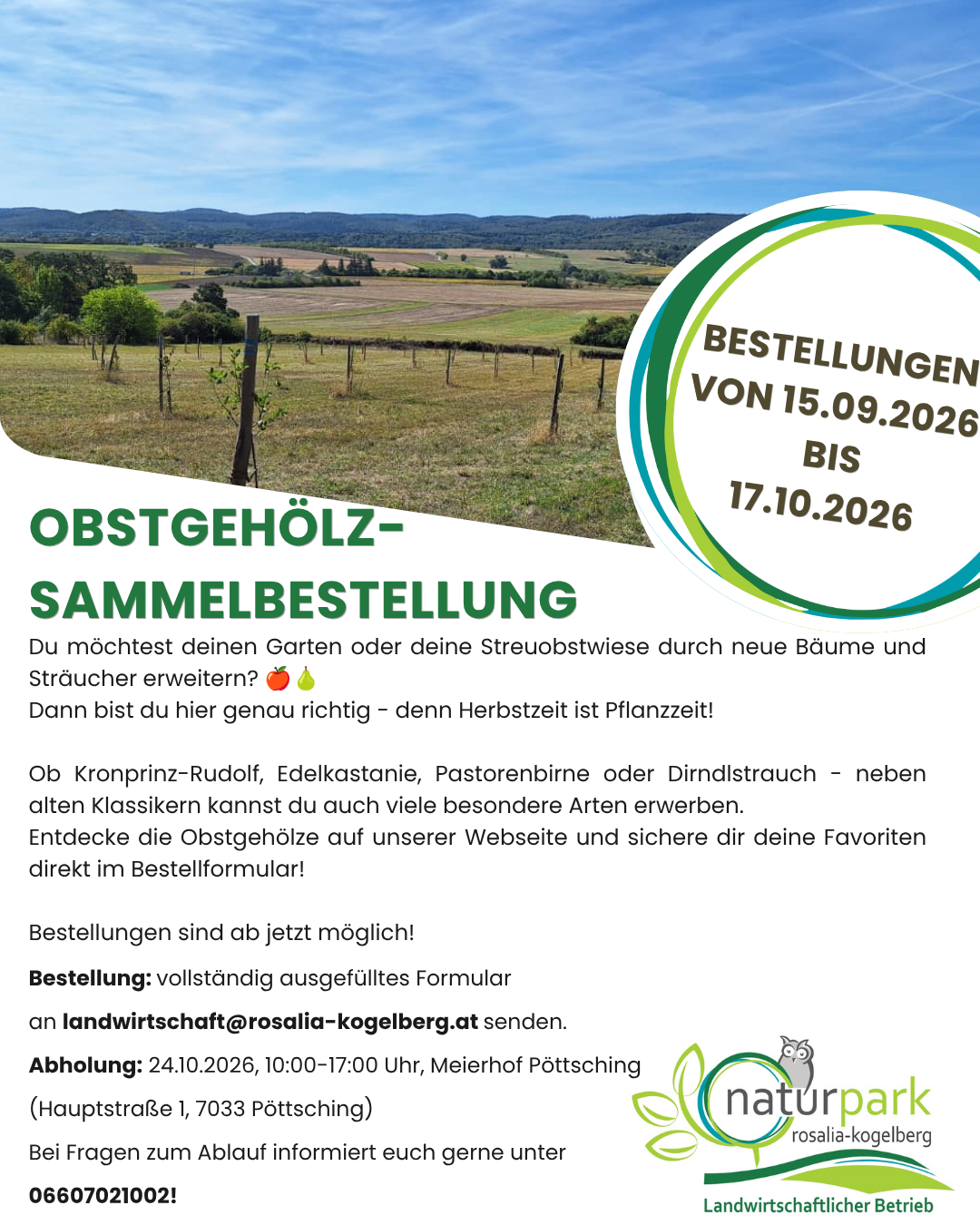 Ein Flyer, der die Sammlung von Obstbäumen und Sträuchern bewirbt. Es zeigt ein landschaftliches Bild eines Feldes und Berge im Hintergrund. Der Flyer enthält Informationen über den Sammelzeitraum und die verfügbaren Baumarten.