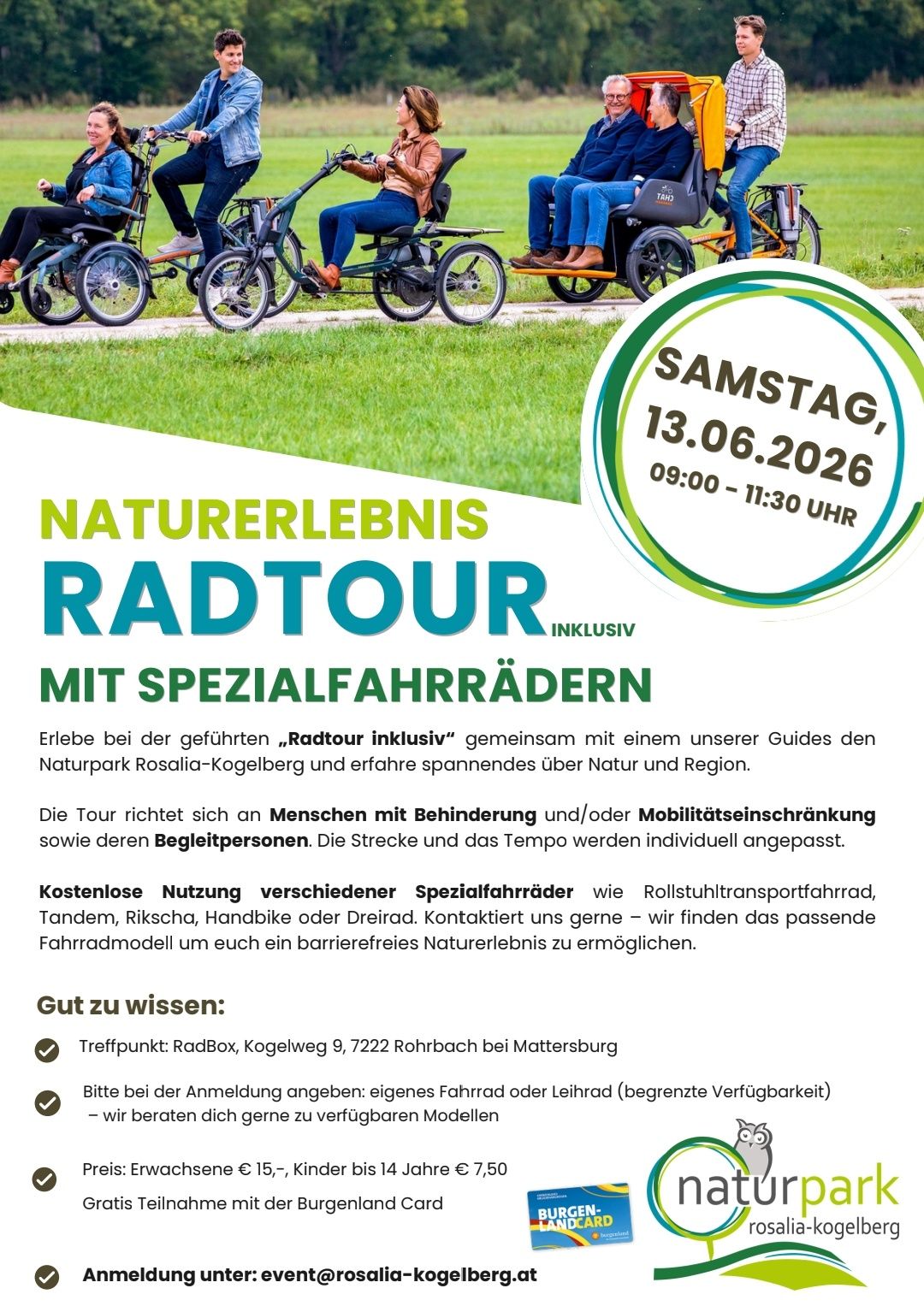 Poster for a nature experience bike tour in Rosalia-Kogelberg nature park with special bikes on June 13, 2026, from 9 am to 11:30 am. It's for people with disabilities and companions.