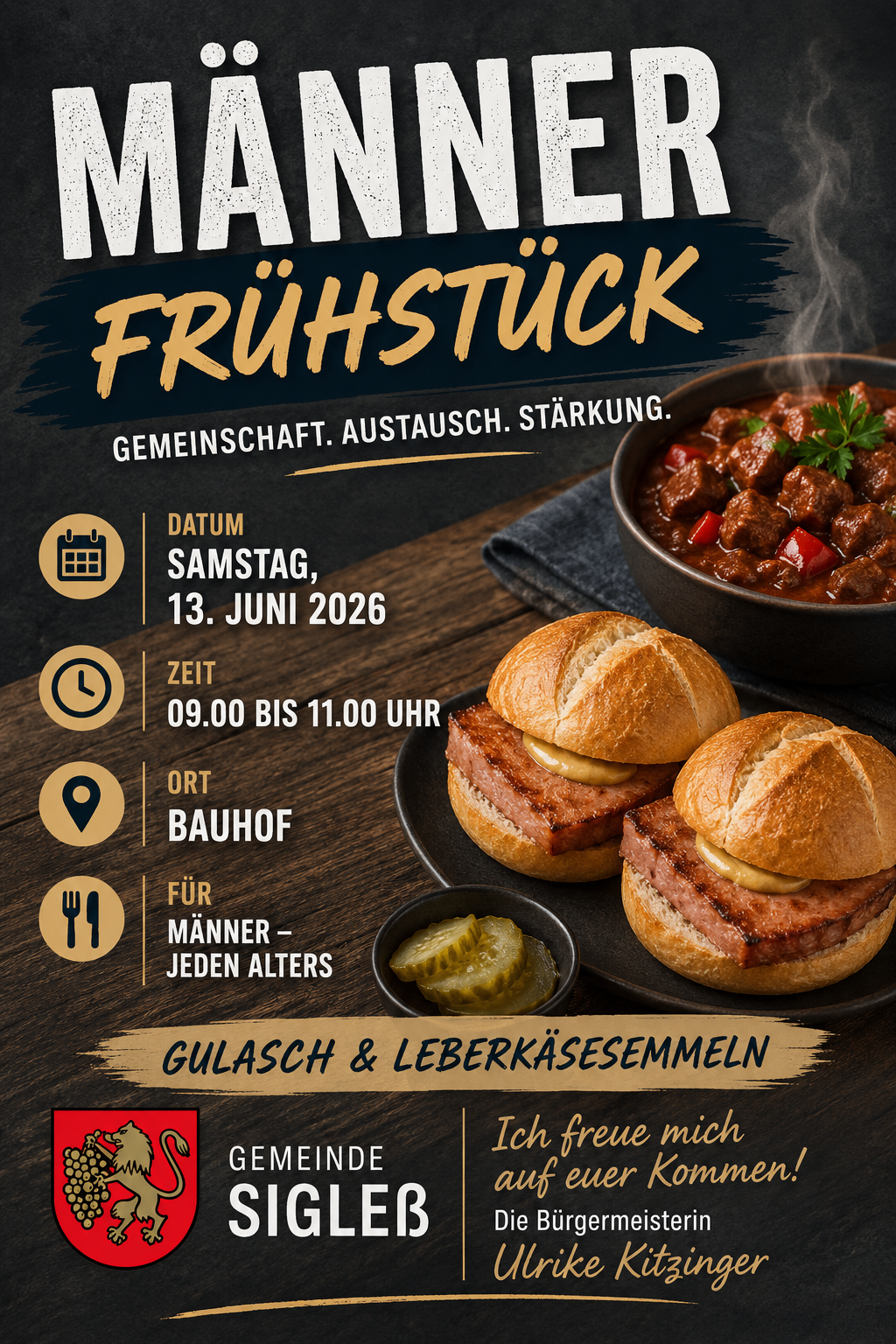 A breakfast event on Saturday, June 13, 2026 from 9:00 to 11:00 at Bauhof. Join for community, exchange, and strength. Enjoy hearty meals like goulash and liver sausage samples.
