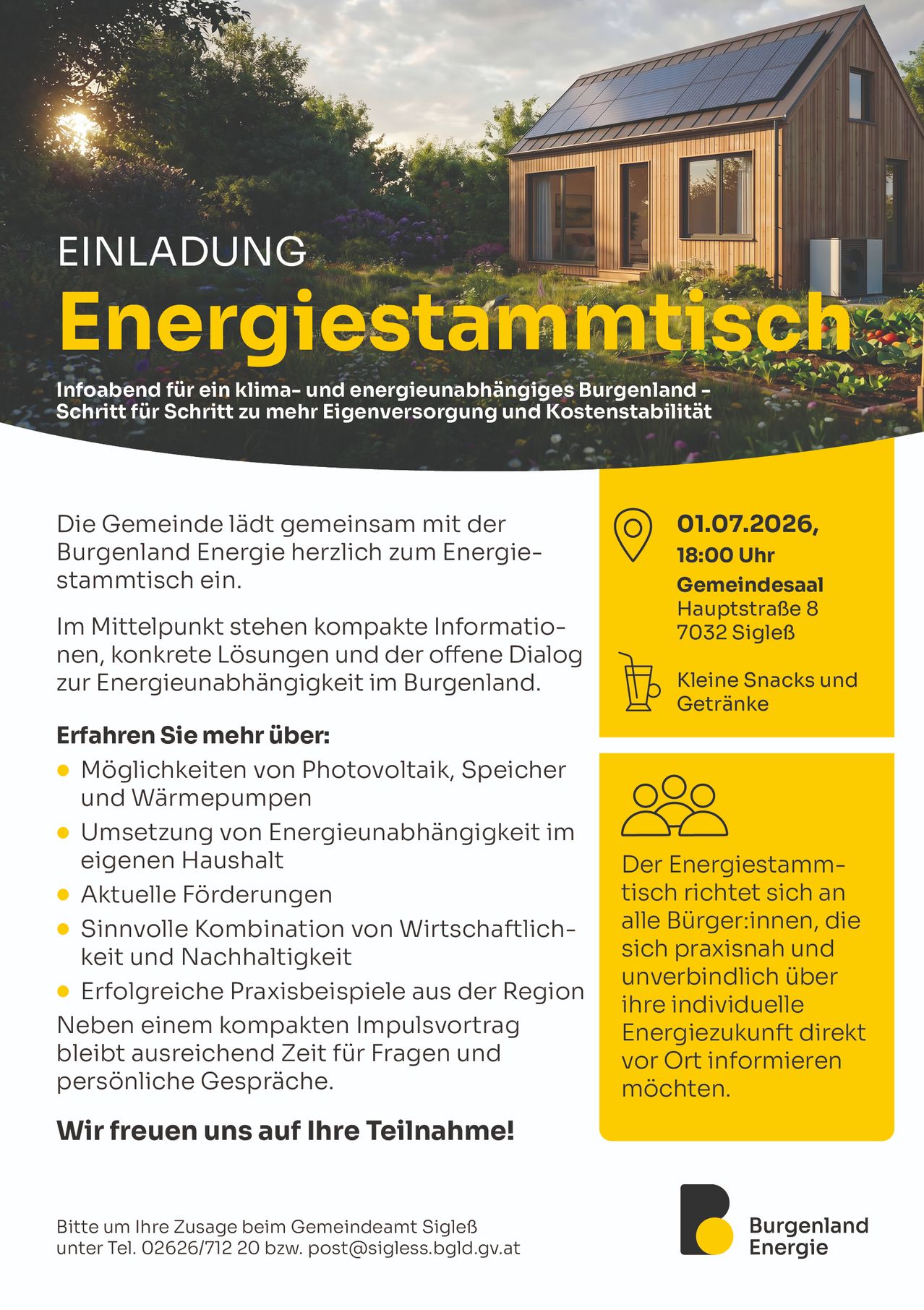 Einladung zur Energiestammtisch-Veranstaltung mit Schwerpunkt auf Klima- und Energieunabhängigkeit in Burgenland. Geplant für den 1. Juli 2026, 18:00 Uhr. Themen sind Photovoltaik, Speicher und Wärmepumpen, sowie Energieunabhängigkeit. Die Veranstaltung bietet kompakte Informationen, konkrete Lösungen und offenen Dialog. Es gibt kleine Snacks und Getränke.
