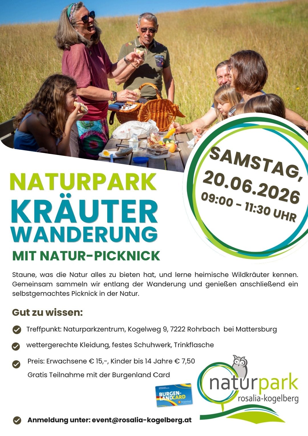 Kräuterwanderung im Naturpark. Am Samstag, 20.06.2026, von 9:00 bis 11:30 Uhr. Treffpunkt am Naturparkzentrum, Kogelweg 9, Rohrbach. Witterungsgerechte Kleidung. Preis: Erwachsene €15, Kinder €7,50.