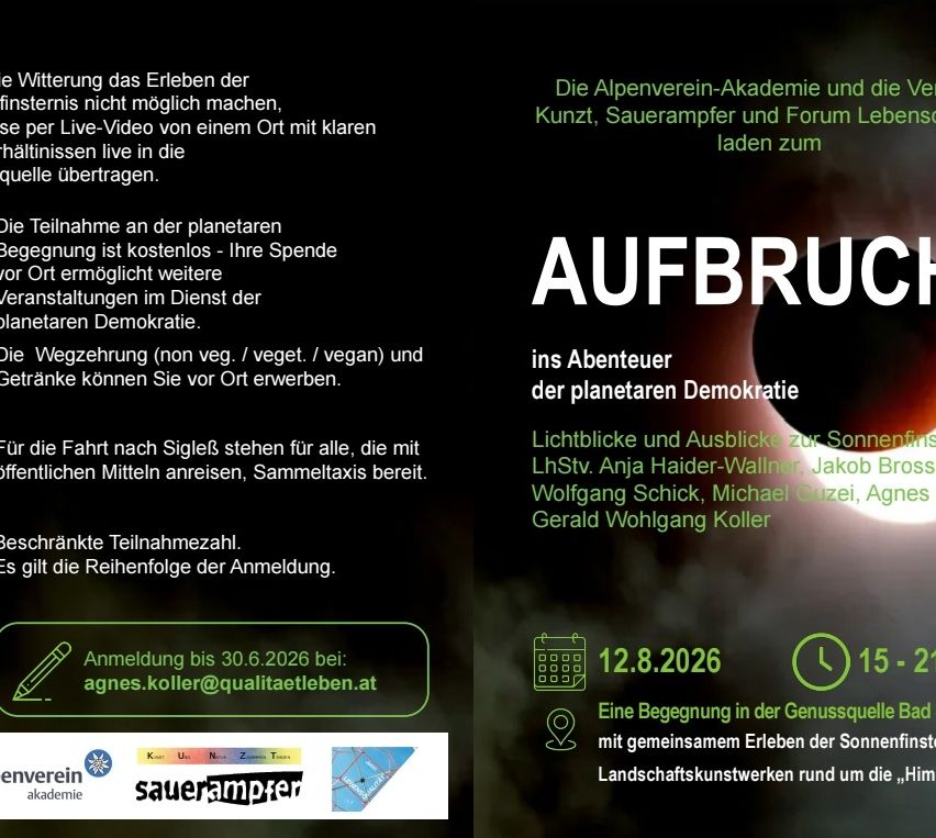 Werbeplakat für die Alpenverein-Akademie und Forum, mit Datum, Rednern und Informationen zum Event. Der Event dreht sich um das Erleben des Planeten, Live-Video und die Demokratie. Es ist kostenlos teilzunehmen, und Spenden sind für weitere Projekte möglich.