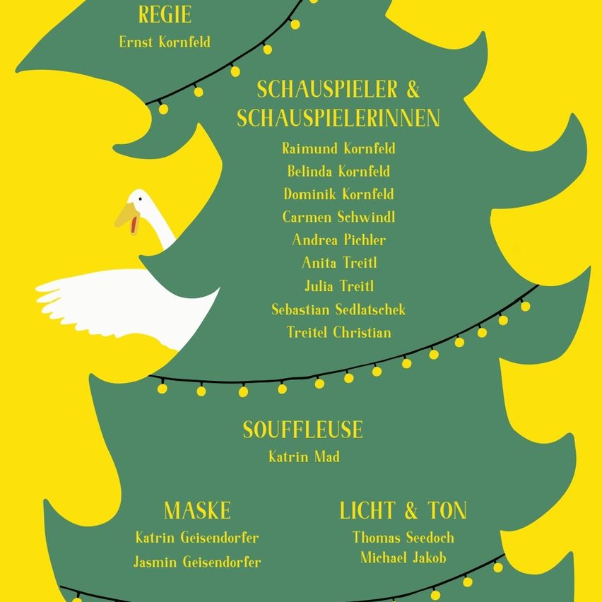 Ein Poster mit gelbem Hintergrund und einer grün-baumartigen Form. Der Baum hat einen Schwan auf seiner linken Seite. Das Poster listet die Namen der an einer Produktion beteiligten Personen auf, einschließlich des Regisseurs, der Schauspieler und der Crew-Mitglieder.