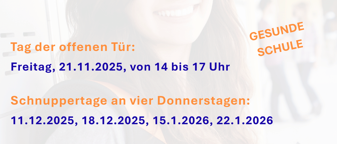 Anzeige einer zweisprachigen High School mit Informationen zum Tag der offenen Tür, Terminen für Schulführungen und Nachmittagsprogrammen. Enthält QR-Code zum Scannen.