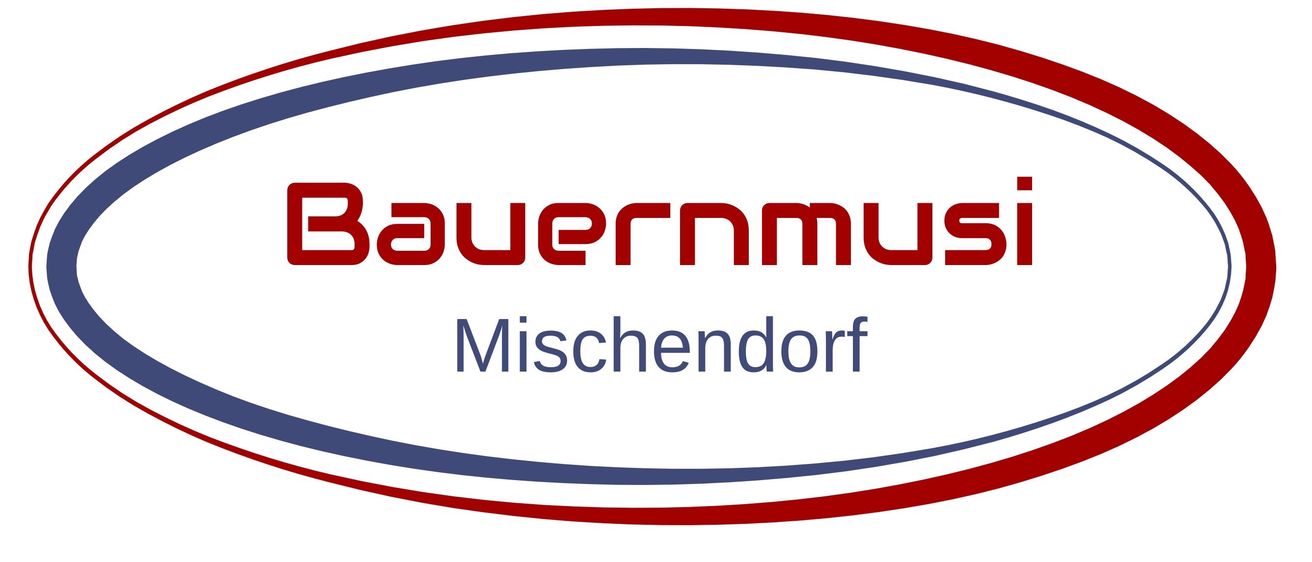 Das Bauernmusi Mischendorf Logo mit dem Wort Bauernmusi in Rot und Mischendorf darunter in Schwarz.