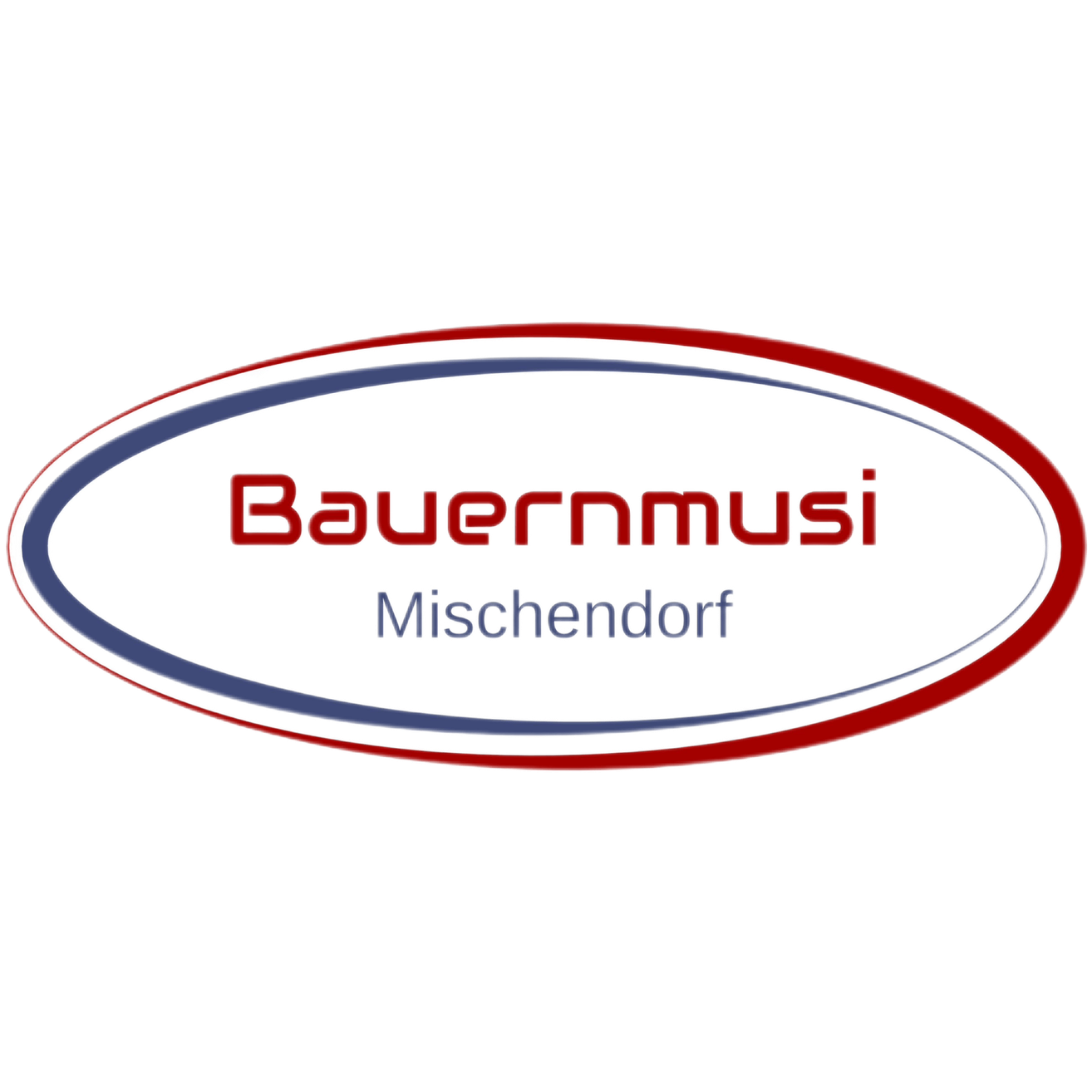 Das Bauernmusi Logo auf schwarzem Hintergrund, mit weißem und rotem Text und blauem Rand.