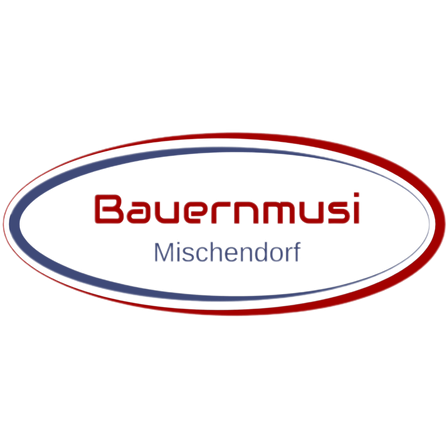 Das Bauernmusi Logo auf schwarzem Hintergrund, mit weißem und rotem Text und blauem Rand.
