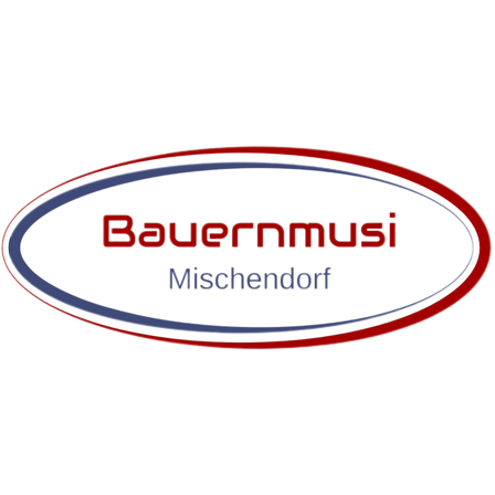 Schwarzer Hintergrund mit Bauernmusi-Logo, rote und weisse Schrift, ovale Form, Dorfname Mischendorf darunter.