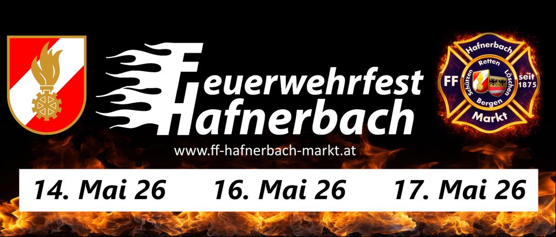 Plakat für Hafnerbach Wehrfest, mit schwarzem Hintergrund, Feuerdesign und Website-Adresse. Das Datum ist 16. Mai 2026.