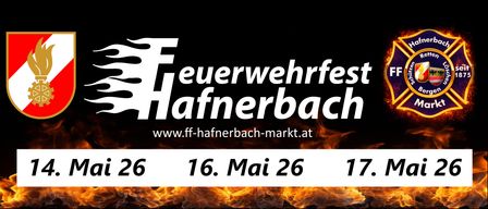 Eine Werbung für das Wehrfesch Hafnerbach, eine Marktveranstaltung am 16. Mai 2026, mit einer Website-Adresse und Feuerbildern.
