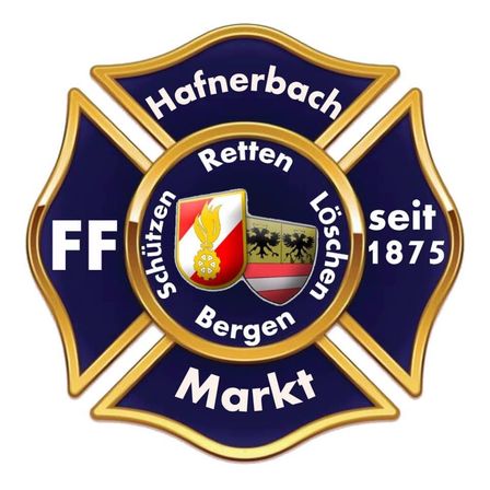 Ein goldenes Emblem mit einem Schild, einer Flamme und einem Wappen. Der Text lautet 'Hafnerbache Rette' und 'FF Schutzen Loschen Bergen Markt'. Unten rechts steht das Jahr 1875.