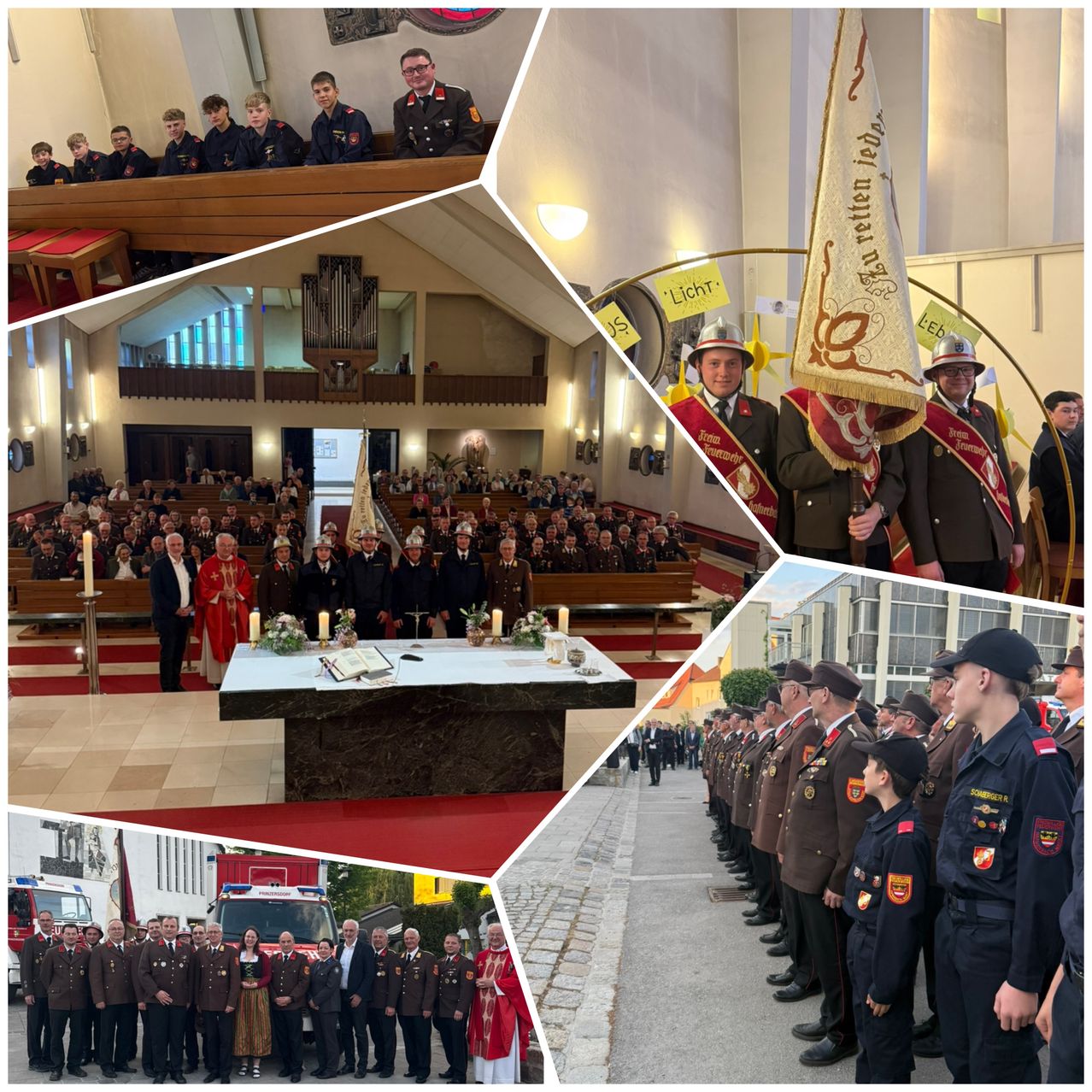 Ein Collage verschiedener Szenen mit uniformierten Personen, einem Gottesdienst, einer großen Versammlung und einer Militärparade mit Fahnen und Bannern.