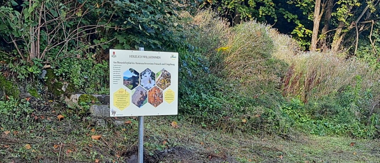 Eine Holzbank und ein Informationsschild befinden sich in einem Park mit Bäumen und Büschen. Ein Haus mit rotem Dach ist im Hintergrund zu sehen.