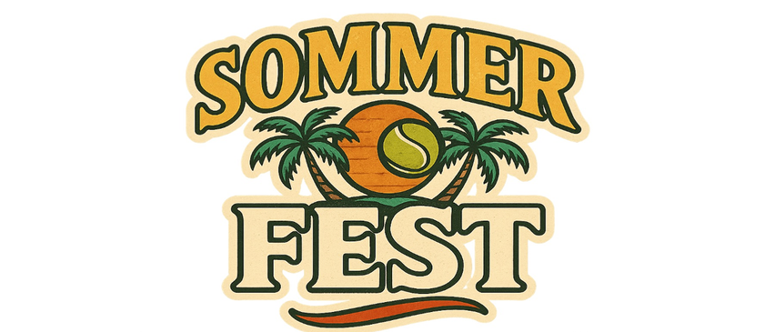Plakat für das Sommerfest am Samstag, 19. Juli. Beginn um 15:00 Uhr mit einem neuen Spielformat. Zeigt einen Tennisball, Mikrofon und Hot Dog.