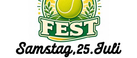 Plakat für das Summer Fest Tennis-Event am Samstag, 25. Juli, Beginn um 16.00 Uhr mit einem einzigartigen One-Hit-Wonder-Spielformat. Zeigt einen Tennisball, Blätter und ein Mikrofon.