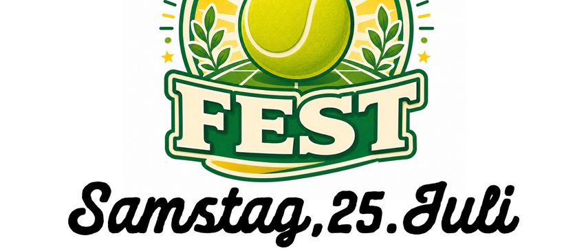 Plakat für das Summer Fest Tennis-Event am Samstag, 25. Juli, Beginn um 16.00 Uhr mit einem einzigartigen One-Hit-Wonder-Spielformat. Zeigt einen Tennisball, Blätter und ein Mikrofon.