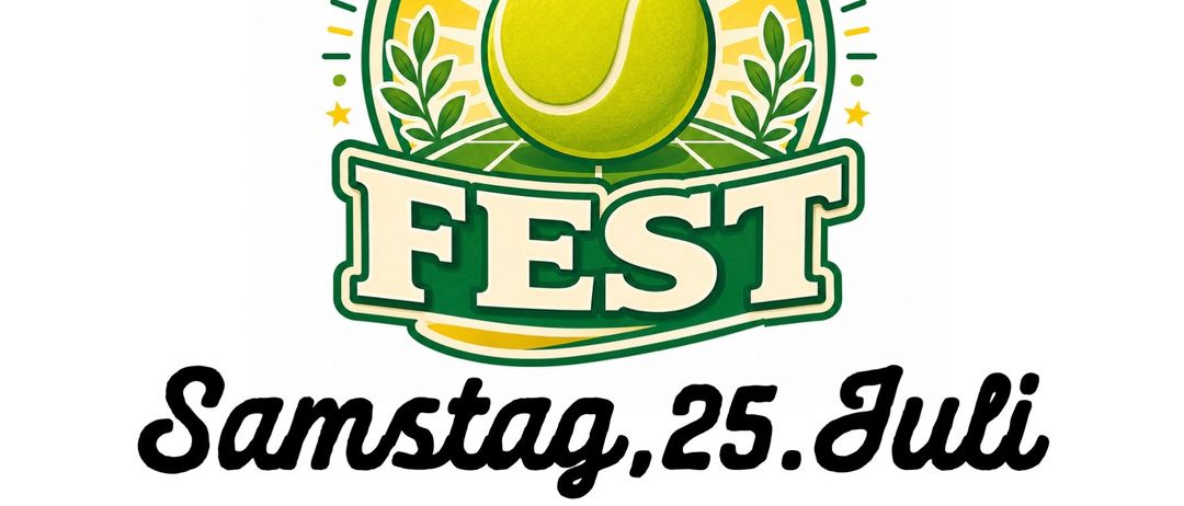 Plakat für das Summer Fest Tennis-Event am Samstag, 25. Juli, Beginn um 16.00 Uhr mit einem einzigartigen One-Hit-Wonder-Spielformat. Zeigt einen Tennisball, Blätter und ein Mikrofon.