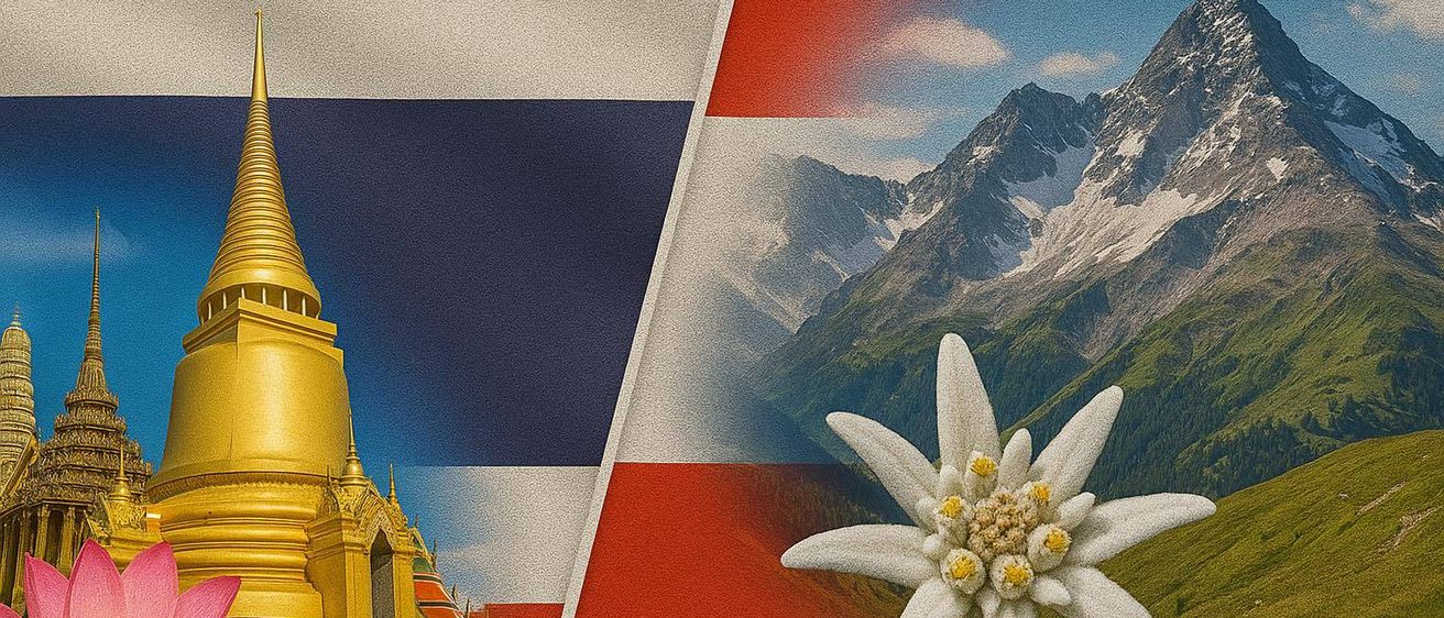 Ein thailändischer Tempel wird vor dem Hintergrund der Alpen dargestellt und zeigt den Kontrast zwischen dem goldenen Tempel und den verschneiten Bergen.