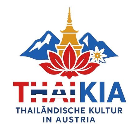 Logo für Thai Kia, eine thailändische Kulturorganisation in Österreich. Zeigt eine rote Lotusblume, einen gelben Pagodenturm und Berge im Hintergrund.