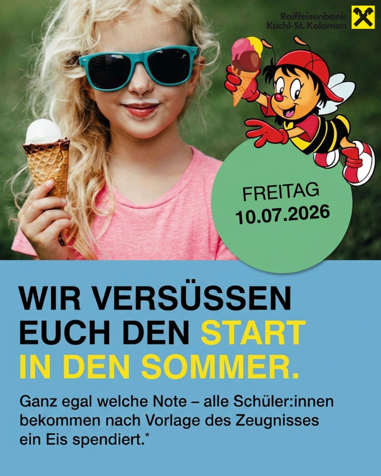 A girl holding an ice cream cone with a bee cartoon nearby. The text reads, 'We will sweeten your summer start.' The date is July 10, 2026.