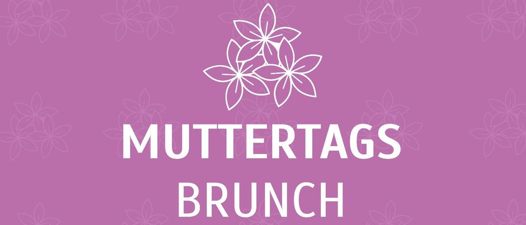 Poster mit lila Hintergrund, das den Text 'Blumen & Prosecco als Geschenk, Muttertags Brunch, Sonntag, 11.05.2025' zeigt.