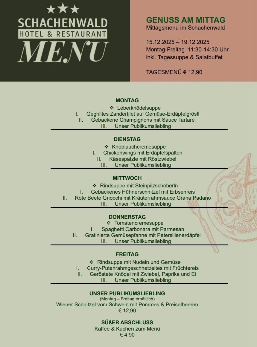 Das Wochenmenü umfasst am Montag Leberknödelsuppe, am Dienstag gegrilltes Zanderfilet, am Mittwoch Hähnchenflügel, am Donnerstag Rinder-Gnocchi und am Freitag Tomatencremesuppe. Jeden Tag gibt es eine Wahl zwischen einem zweiten Gericht und einer Publikumsliebling-Option.