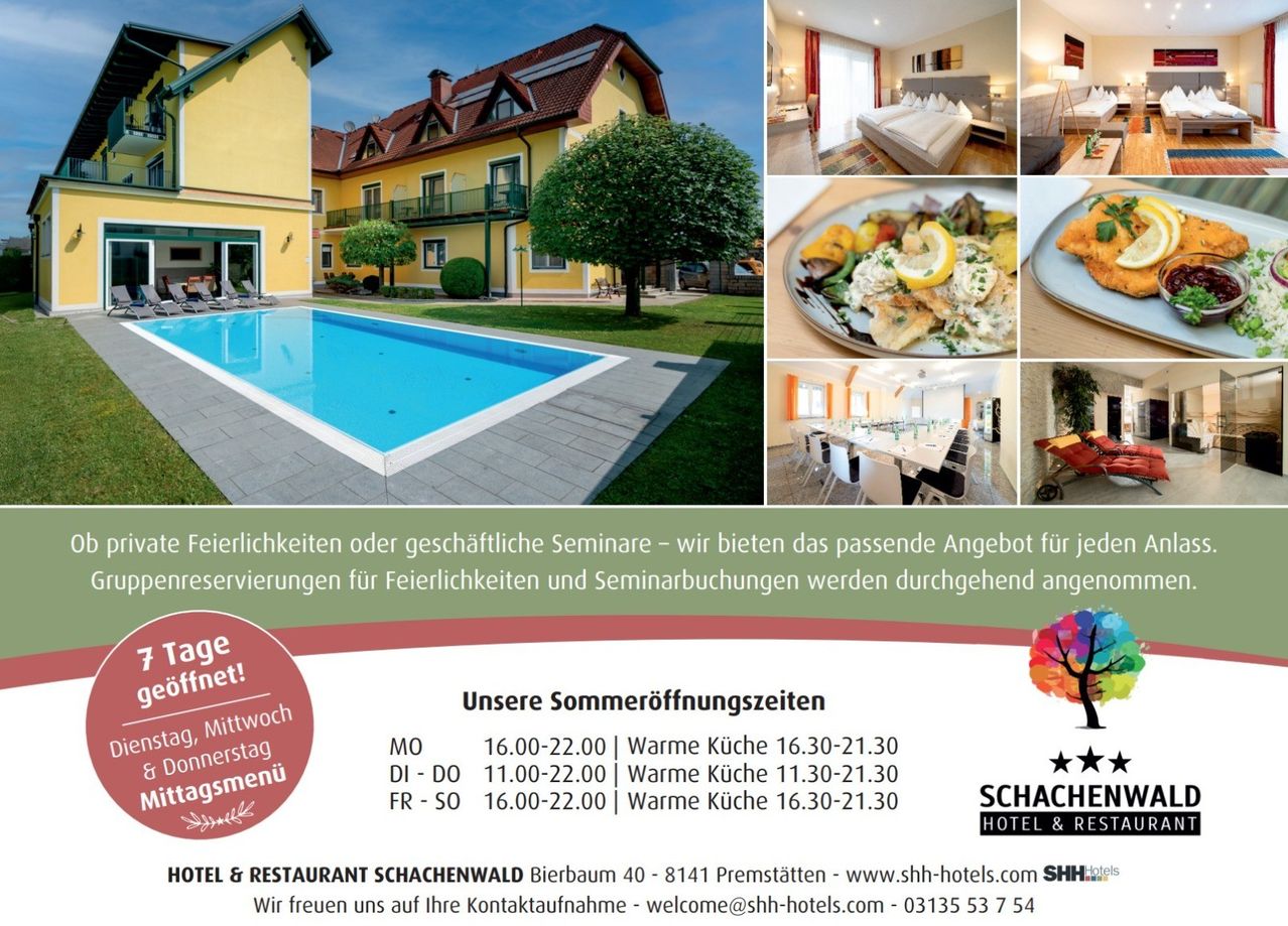 Advertisement for a hotel and restaurant with an outdoor pool, yellow buildings, and a menu. Opening times for warm kitchens are provided.