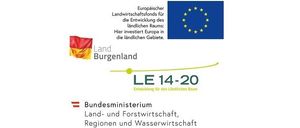 Ein Bild mit der Flagge der Europäischen Union, der Flagge Deutschlands und den Worten 'LE 14-20', was auf EU-Förderung für die ländliche Entwicklung in Deutschland hinweist. Die deutsche Flagge ist abgebildet, und der Text lautet 'Land Burgenland' mit dem Schwerpunkt auf der Entwicklung des ländlichen Raums.