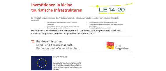 Das Dokument handelt von Investitionen in kleine touristische Infrastrukturen im Jahr 2024, unterstützt durch die Europäische Union, das Bundesministerium für Landwirtschaft, Regionen und Tourismus und das Land Burgenland. Das Projekt zielt auf die Entwicklung ländlicher Gebiete ab.