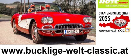 Werbeplakat für eine Oldtimer-Veranstaltung, das einen roten Corvette mit zwei Personen in roten Mützen zeigt. Die Veranstaltung trägt den Titel 'Bucklige Welt Classic' und ist für den 12. Juli 2025 geplant.