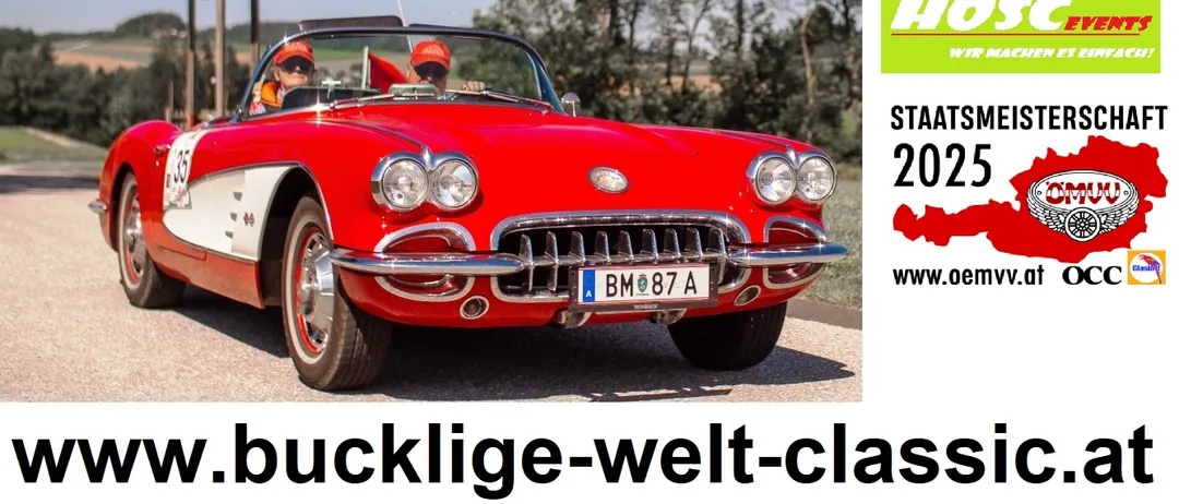 Werbeplakat für eine Oldtimer-Veranstaltung, das einen roten Corvette mit zwei Personen in roten Mützen zeigt. Die Veranstaltung trägt den Titel 'Bucklige Welt Classic' und ist für den 12. Juli 2025 geplant.