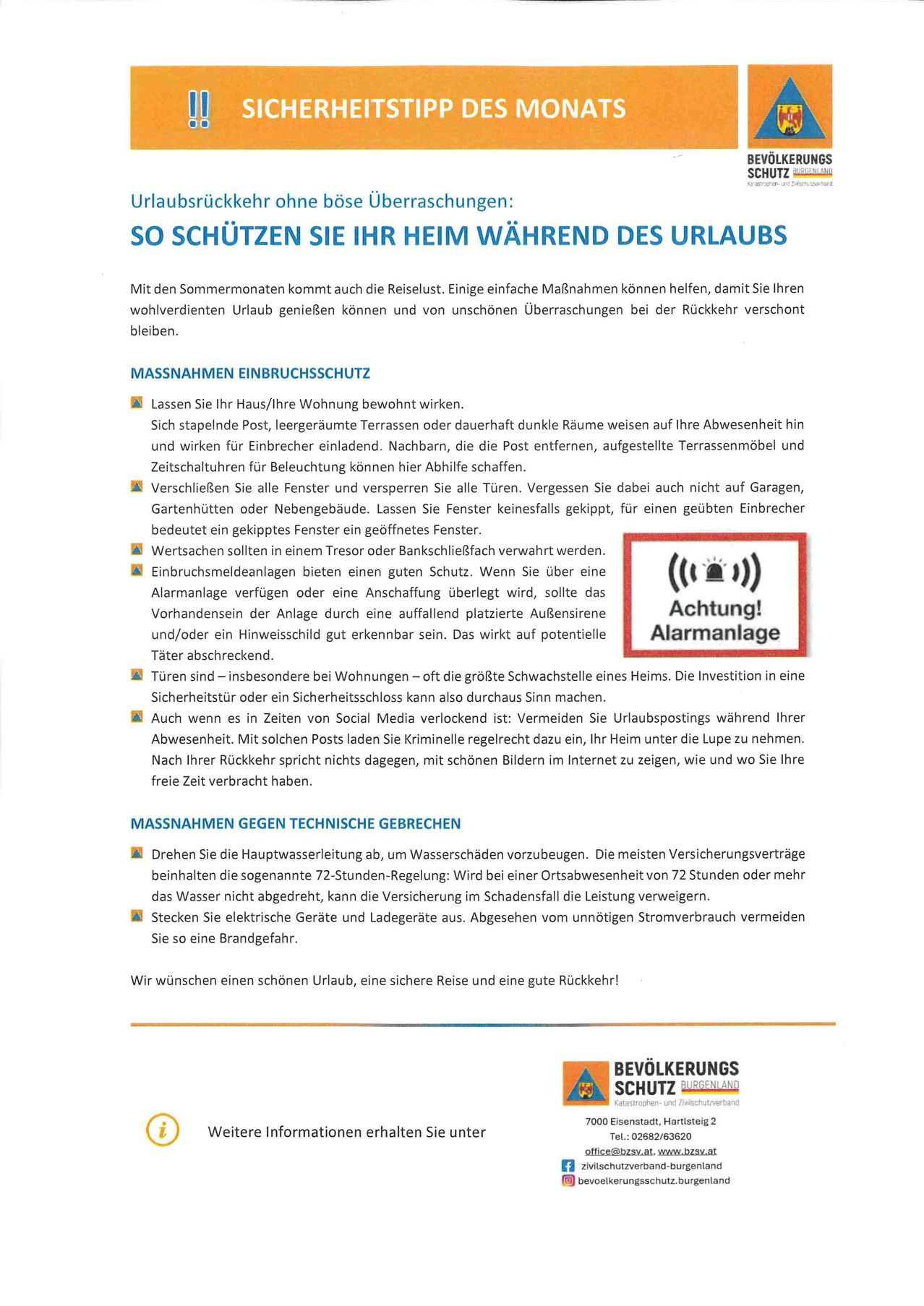 Ein Flyer bietet Tipps zum Schutz des Zuhauses während des Urlaubs. Es enthält Maßnahmen zum Einbruchschutz und rät davon ab, Urlaubsupdates in sozialen Medien zu posten. Es wird empfohlen, den Hauptwasserhahn abzudrehen, um Wasserschäden zu vermeiden, und elektrische Geräte auszustecken, um Brandgefahren zu verhindern. Der Flyer wünscht einen schönen Urlaub, eine sichere Reise und eine gute Rückkehr!
