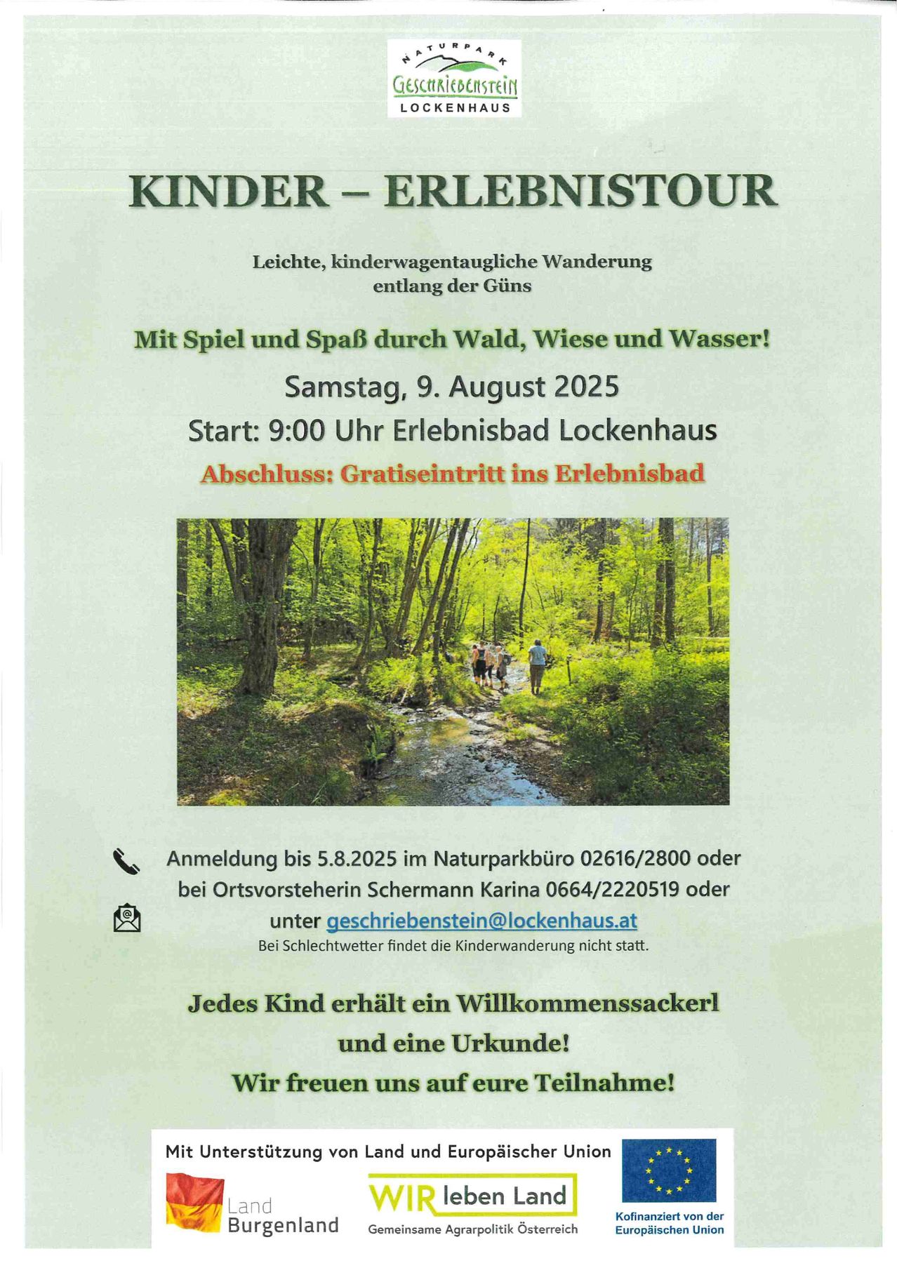 Plakat für eine Kinder-Erlebnistour am 9. August 2025, Beginn um 9:00 Uhr im Erlebnisbad Lockenhaus. Die Tour beinhaltet einen kostenlosen Eintritt in das Erlebnisbad. Anmelden bis 5. August 2025.