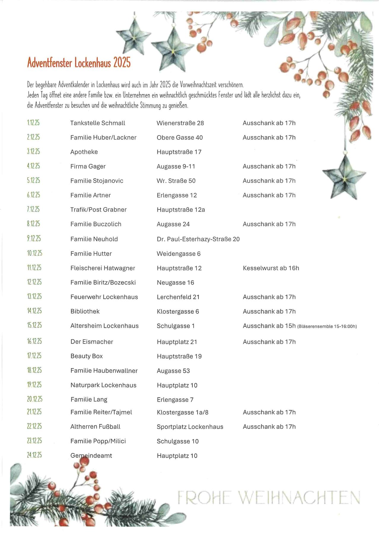 Der begehbare Adventkalender in Lockenhaus wird auch im Jahr 2025 die Vorweihnachtszeit verlängern. An jedem Tag öffnet eine andere Familie ein weihnachtlich geschmücktes Fenster und lädt alle herzlich dazu ein, die Adventfenster zu besuchen und die weihnachtliche Stimmung zu genießen.