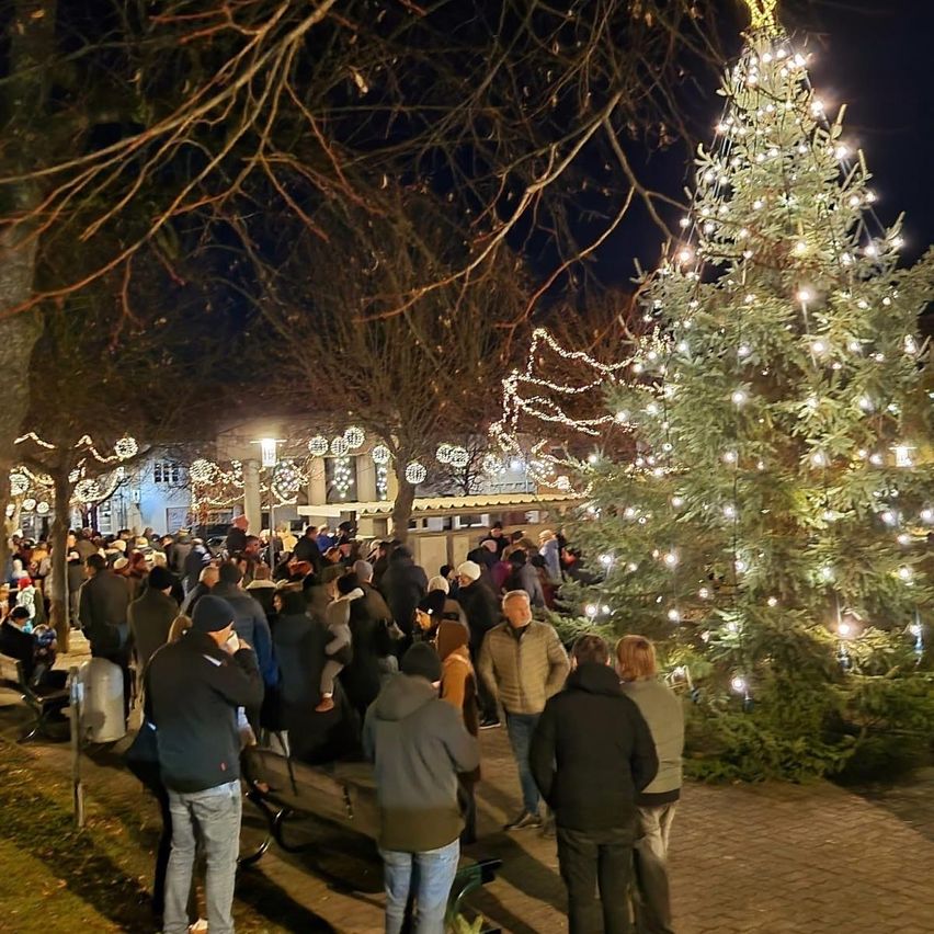 Eine Menschenmenge versammelt sich um einen beleuchteten Weihnachtsbaum bei Nacht. Bäume und Gebäude sind mit festlichen Lichtern geschmückt. Einige Leute stehen, andere sitzen.