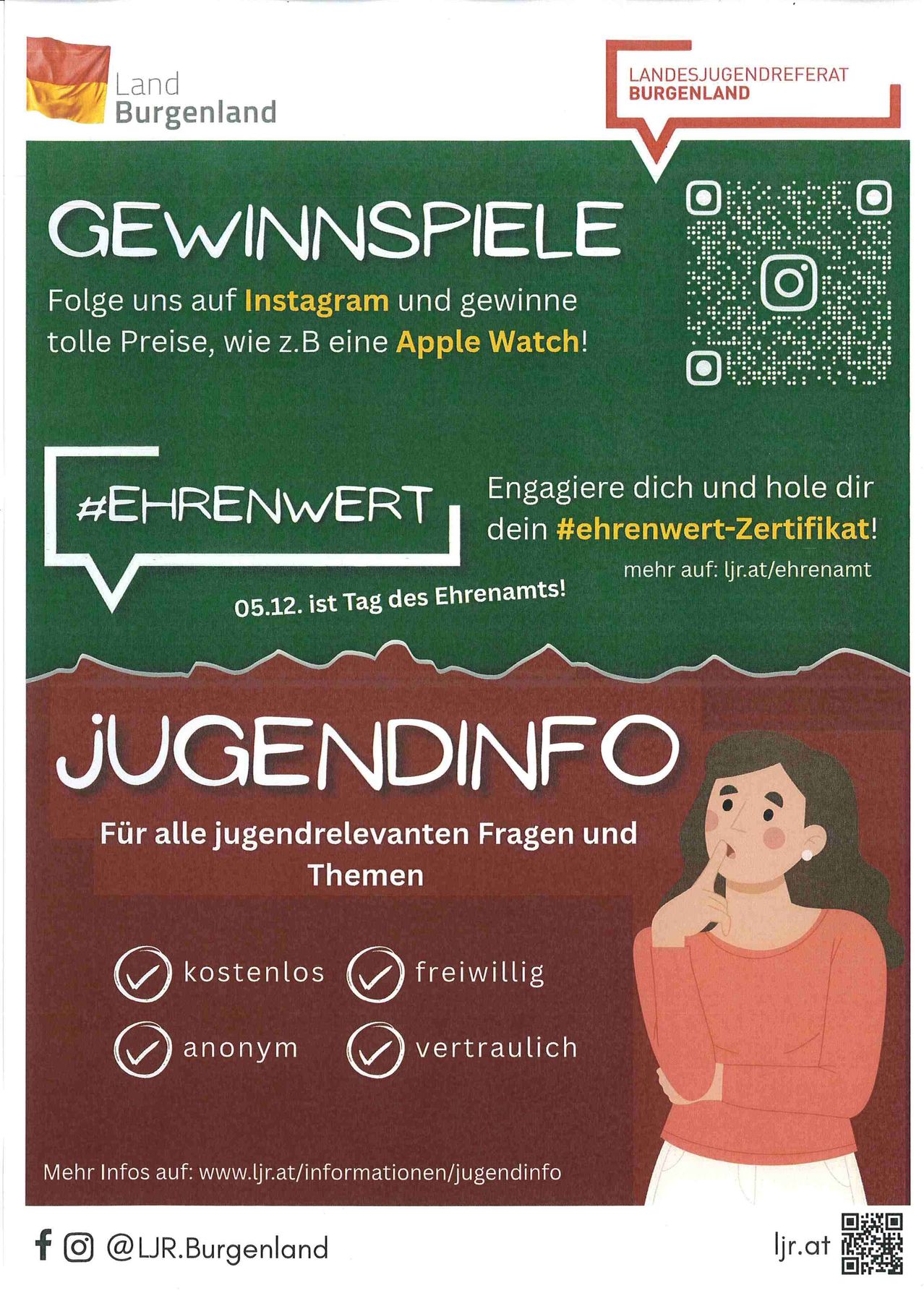 Ein Werbeplakat für einen Jugendinformationsdienst. Es bietet kostenlose, freiwillige und vertrauliche Beratung für alle jugendrelevanten Fragen und Themen. Das Bild zeigt eine Frau und einen QR-Code.