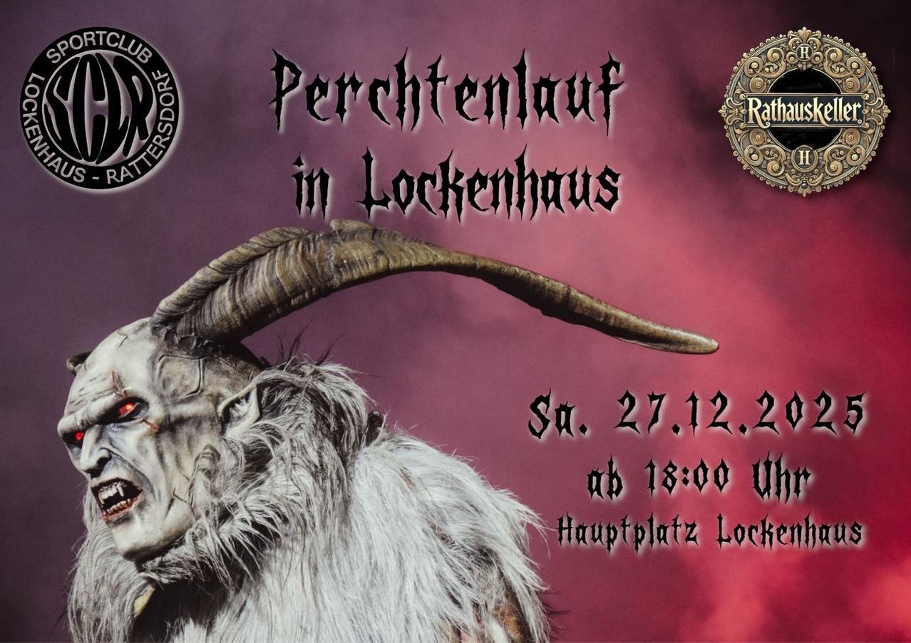 Ein Plakat zeigt eine gruselige Ziege mit einer gehörnten Maske, mit den Worten Perchtenlauf in Lockenhaus. Es ist für Samstag, den 27. Dezember 2022, um 18:00 Uhr am Hauptplatz von Lockenhaus geplant.